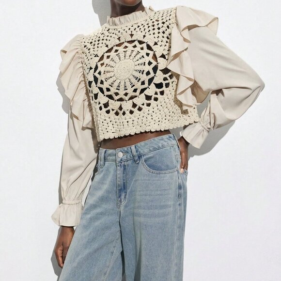 Khaki Casual Women's Apricot Hollow Hook Flower Splicing Ruffles Top - Picture 3 of 7